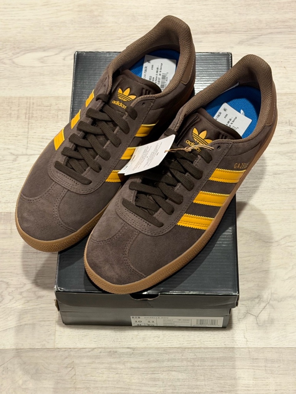adidas Men’s Gazelle ADV skateboarding Suede Sneakers Brown with Yellow Stripes